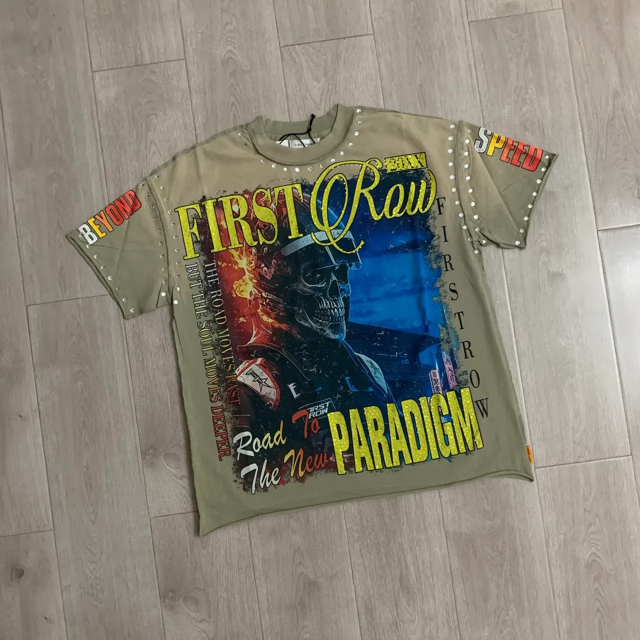 Olive Studded Graphic Print Oversized T-Shirt 5