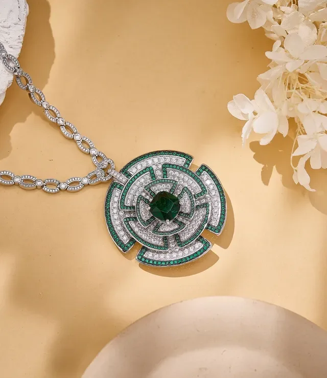 Ornate Geometric Emerald and Pavé Pendant Necklace 5