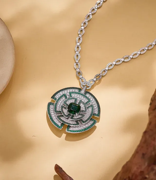 Ornate Geometric Emerald and Pavé Pendant Necklace 7