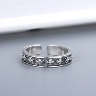 Oxidized Silver Floral Motif Adjustable Open Ring