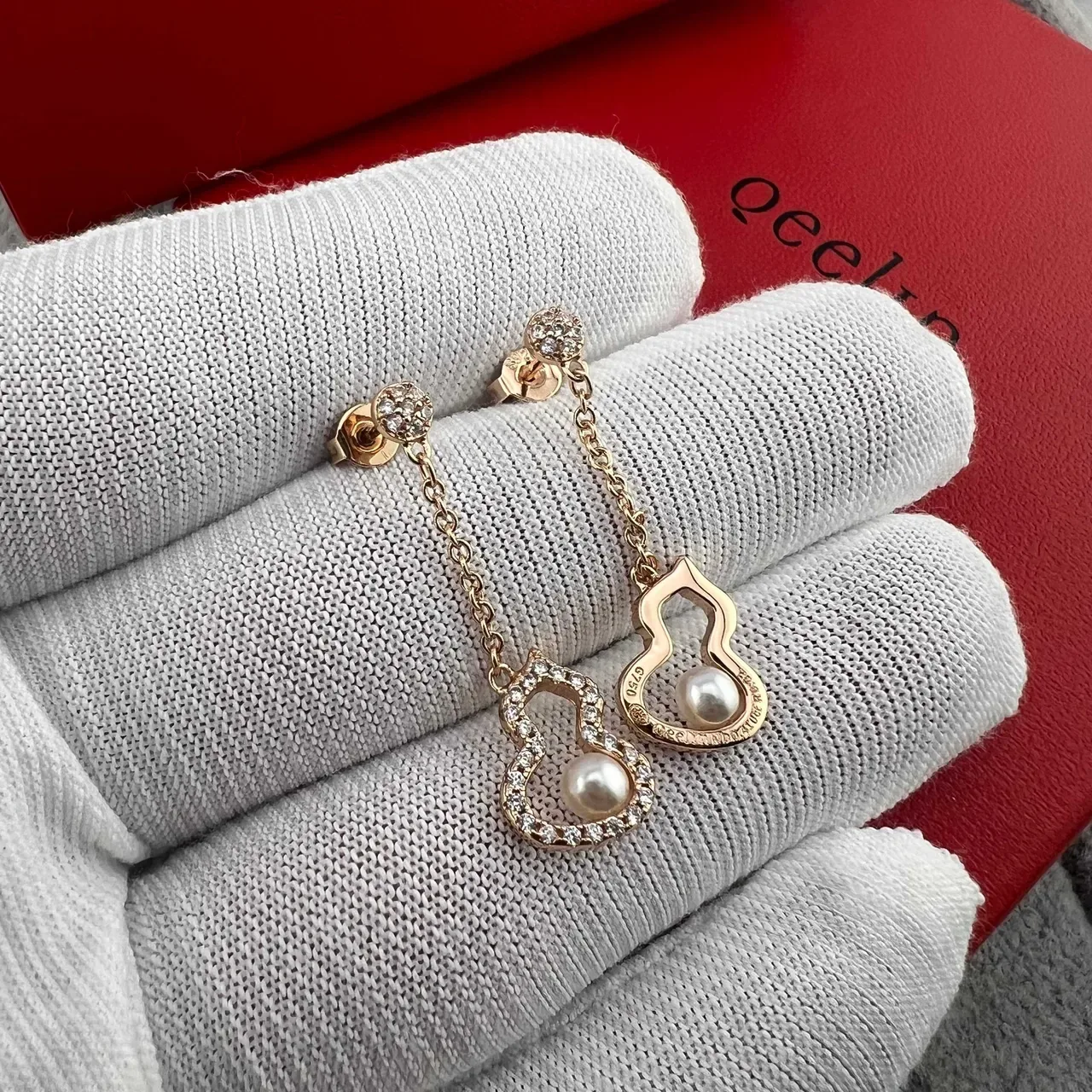 Pearl and Pave-Crystal Heart and Gourd Dangling Earrings 3