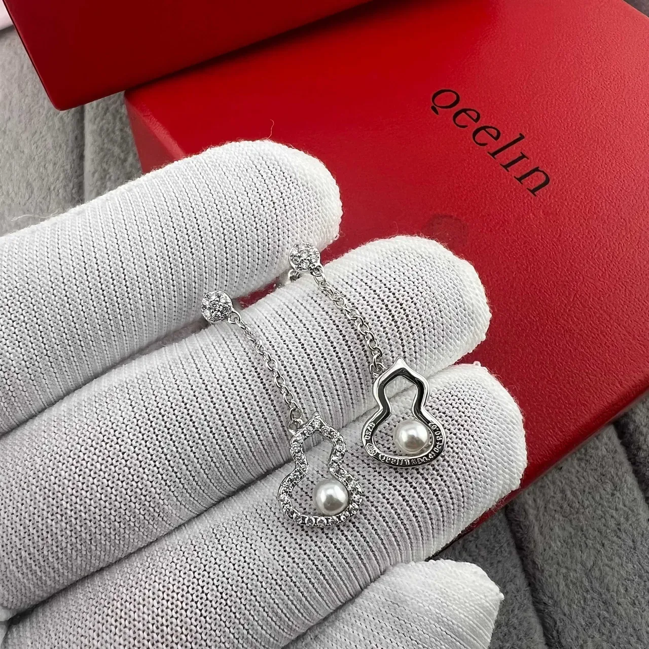 Pearl and Pave-Crystal Heart and Gourd Dangling Earrings 4