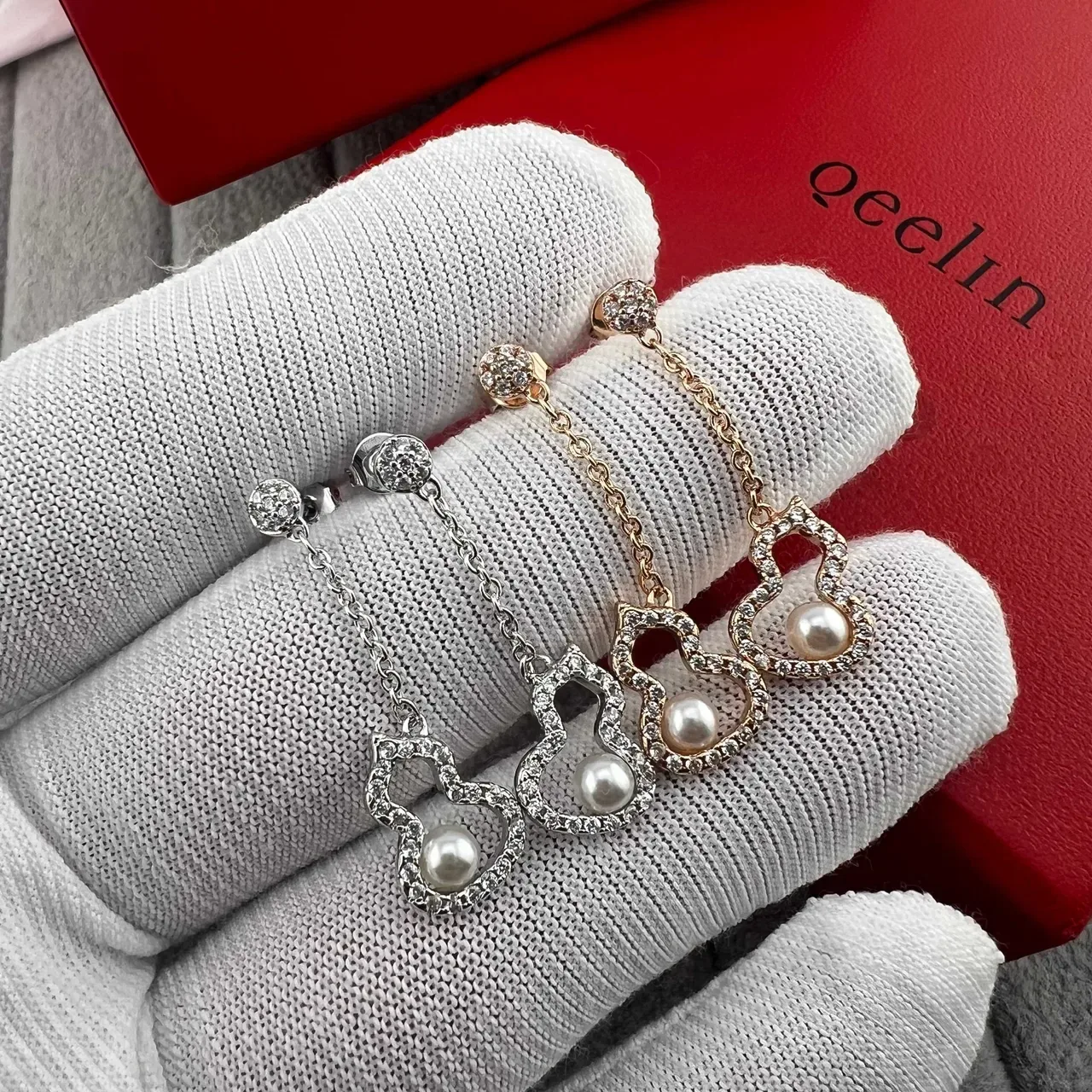 Pearl and Pave-Crystal Heart and Gourd Dangling Earrings 5