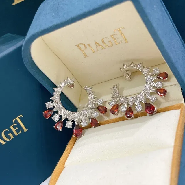 Piaget Sunburst Motif Red Gemstone and Diamond Hoop Earrings 4