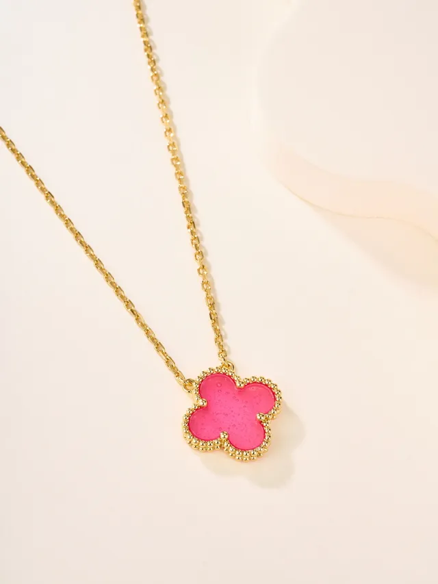 Pink Gold Clover-Shaped Pendant Enamel Fill Necklace 4