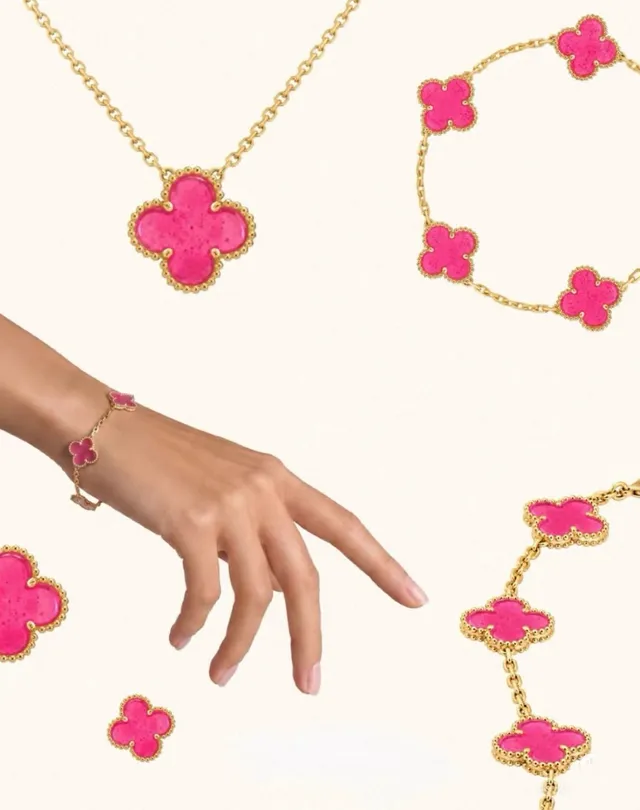 Pink Gold Four-Leaf Clover Charms Beaded Bezel Edge Necklace 2