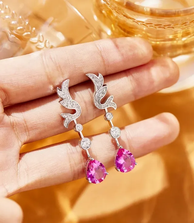 Pink Silver Floral-Inspired Scroll Motif Pavé-Set Diamonds Earrings 3