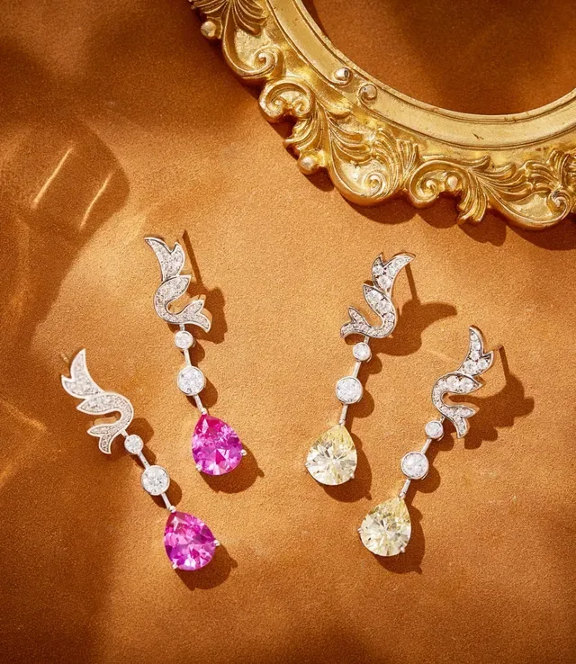 Pink Silver Floral-Inspired Scroll Motif Pavé-Set Diamonds Earrings 7