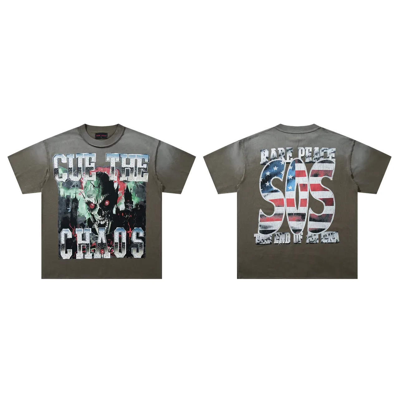 T-shirt graphique Rare Peace Cue The Chaos SOS vert armée 3