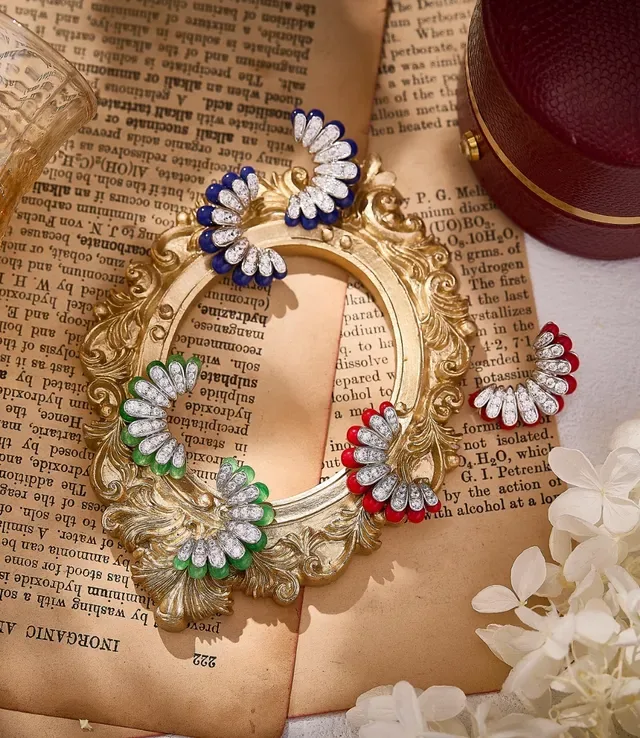 Red Enamel and Pavé Crystal Fan Motif Huggie Earrings 2
