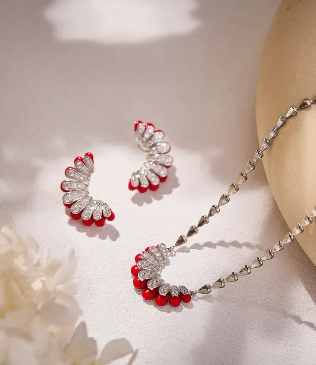 Red Enamel and Pavé Crystal Fan Motif Huggie Earrings 3