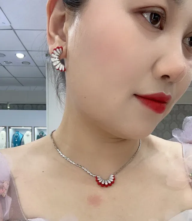 Red Enamel and Pavé Crystal Fan Motif Huggie Earrings 6