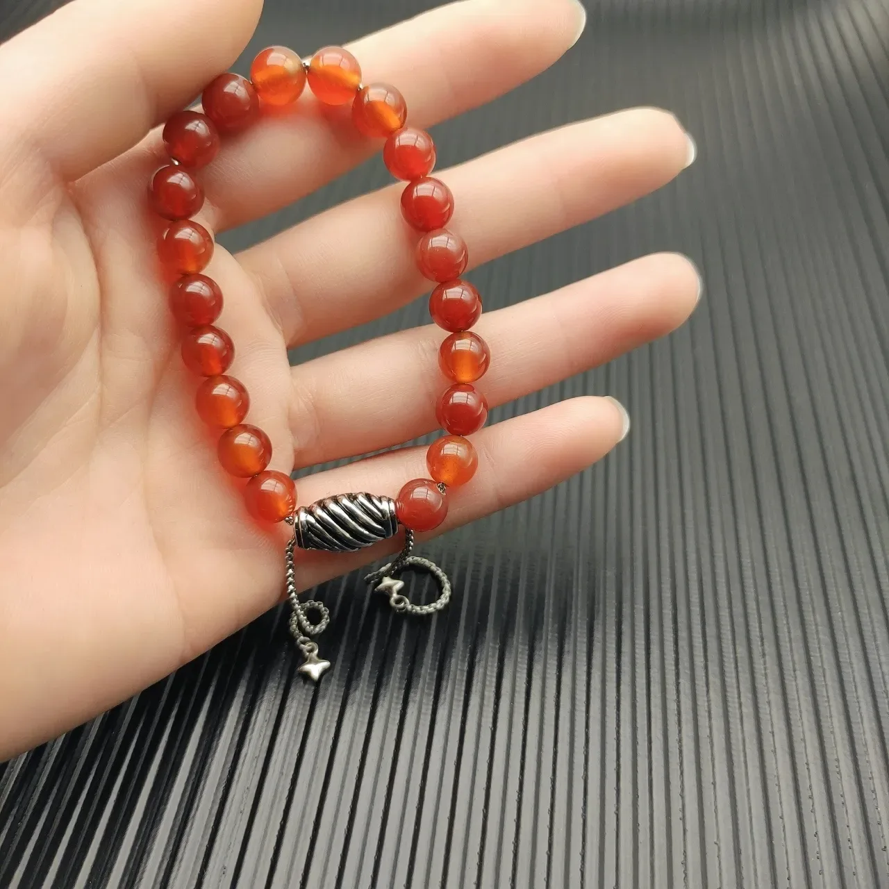 Red Silver Beaded Agate Bracelet 5