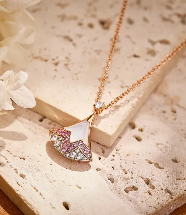 Rose Gold Fan-Shaped Enamel and Pavé Stone Pendant Necklace 2