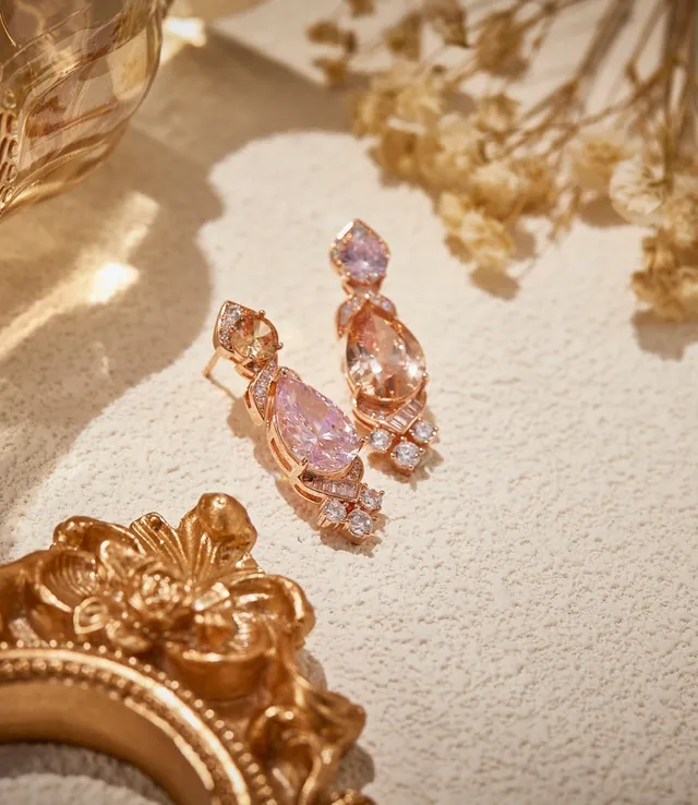 Rose-Gold-Tone Pink and Peach Pear-Cut Multi-Stone Drop Earrings 4