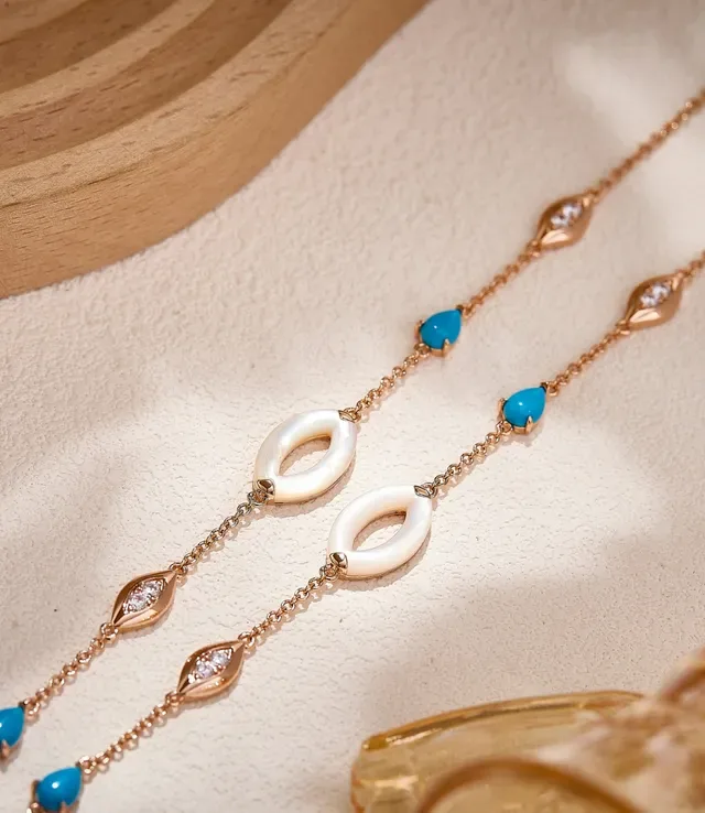 Collier pendentif or rose, turquoise et perle-mere 3