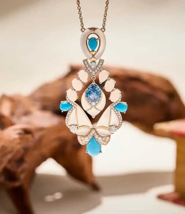 Collier pendentif or rose, turquoise et perle-mere 6