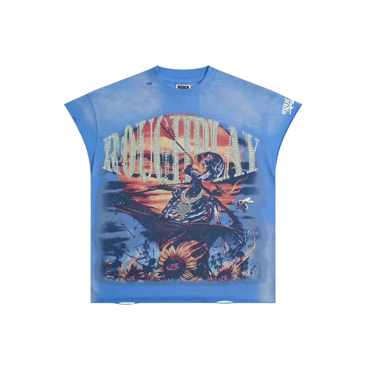 ROUGH Distressed Blue Gradient Rhinestone Graphic Oversized T-Shirt 3