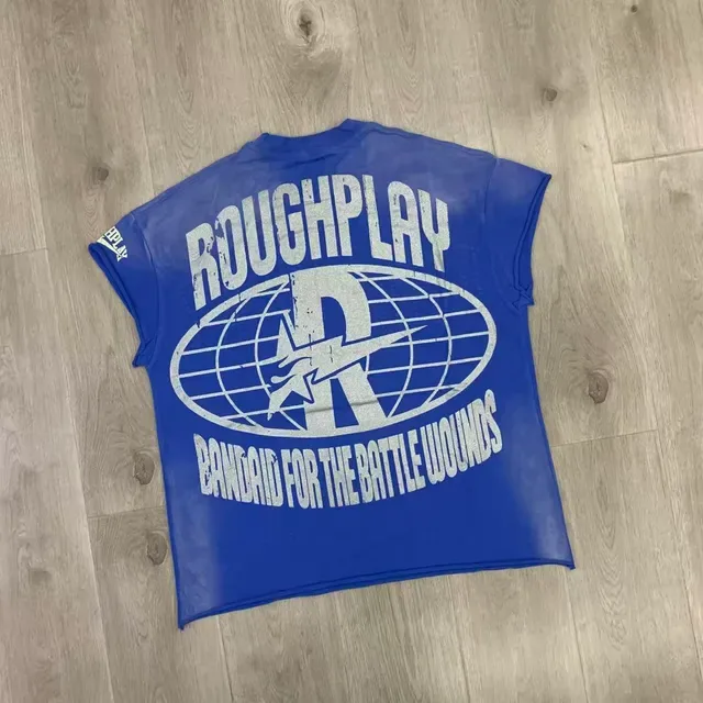ROUGH Distressed Blue Gradient Rhinestone Graphic Oversized T-Shirt 5