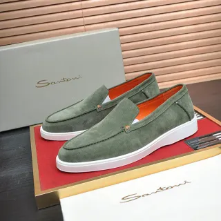 Santoni أخضر برتقالي سويد علوي Moc-Toe Stitching Loafer