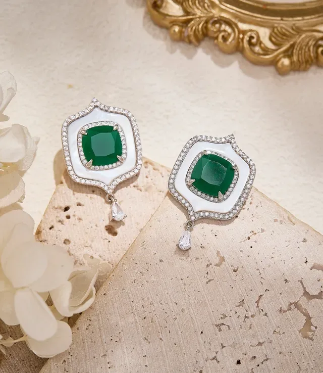Shield-Shaped Green Gem and White Inlay Pavé Diamond Drop Earrings 5