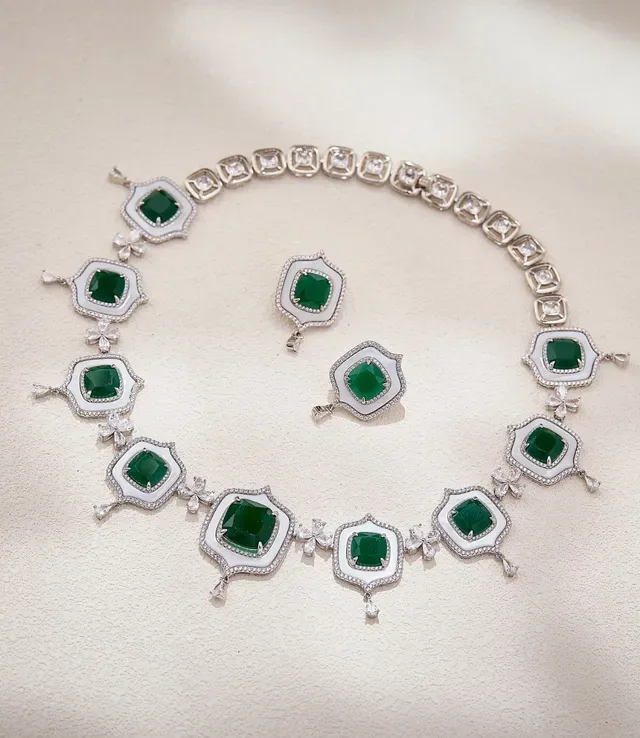 Shield-Shaped Green Gem and White Inlay Pavé Diamond Drop Earrings 6