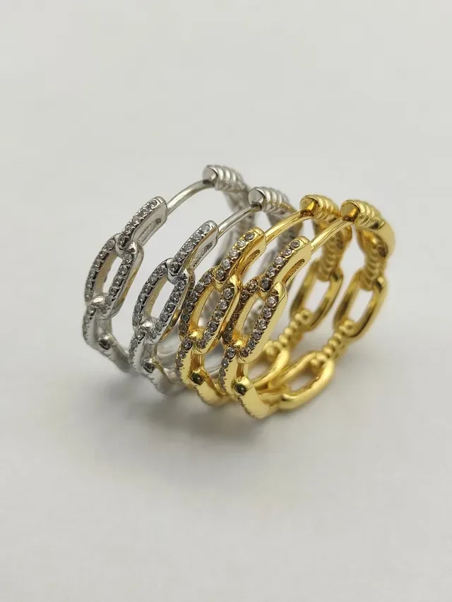 Silver and Gold Chain-Link Pavé Hoop Earrings 4
