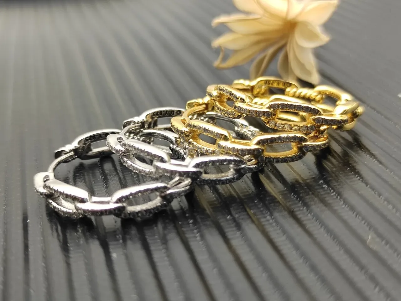 Silver and Gold Chain-Link Pavé Hoop Earrings 7