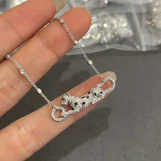 Silver Black Pavé-Set Leopard Pendant Chain Necklace