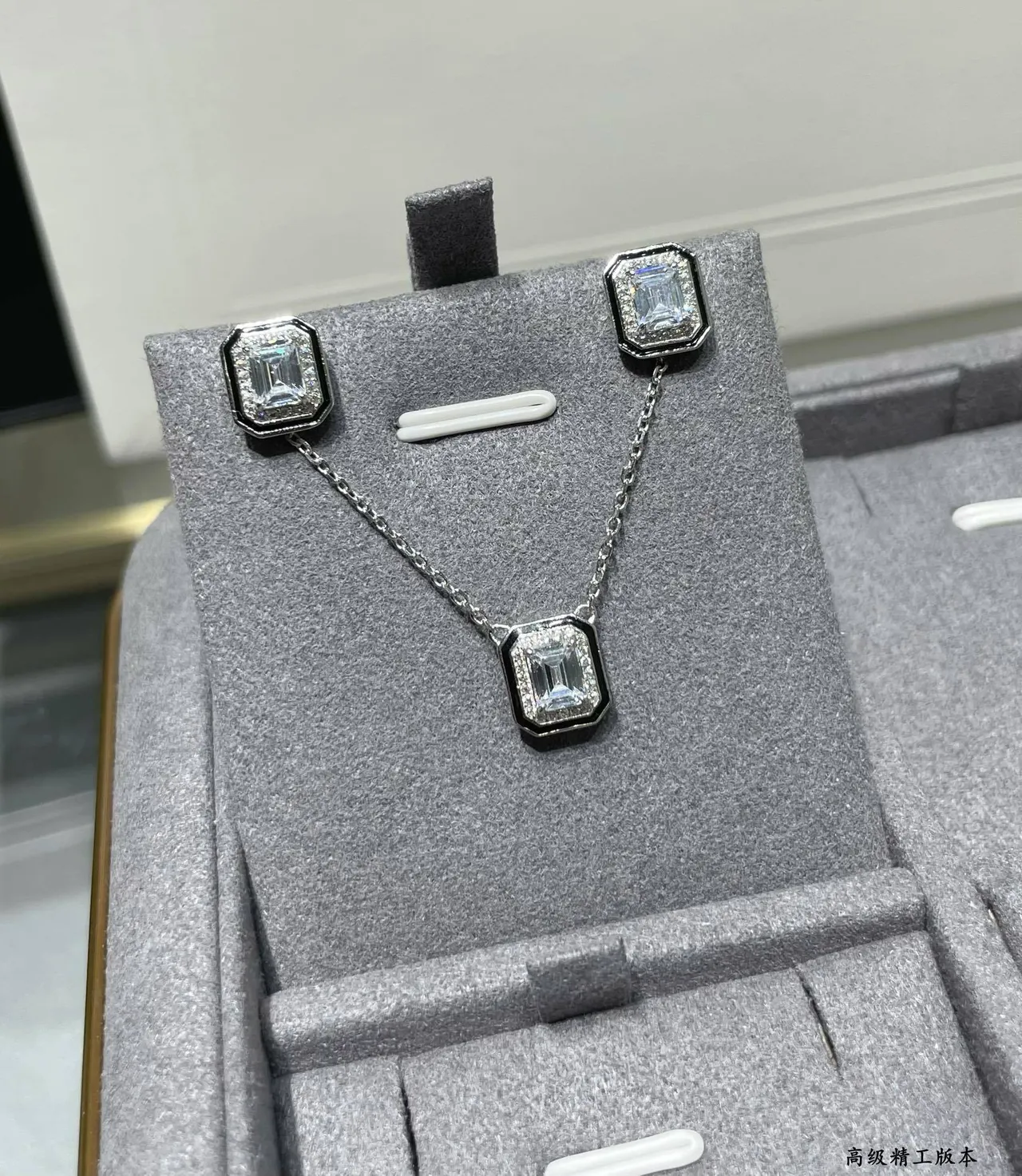 Silver Black Square Pendant Emerald-Cut Center Stone Necklace 2