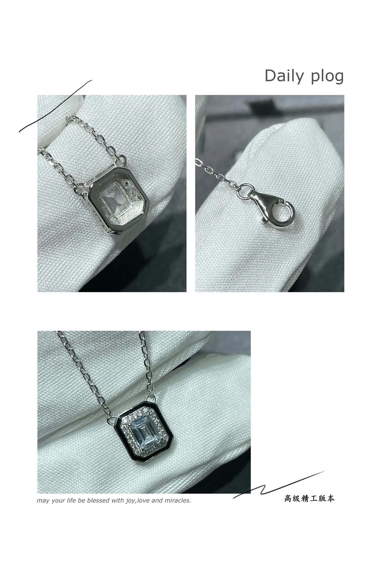 Silver Black Square Pendant Emerald-Cut Center Stone Necklace 3