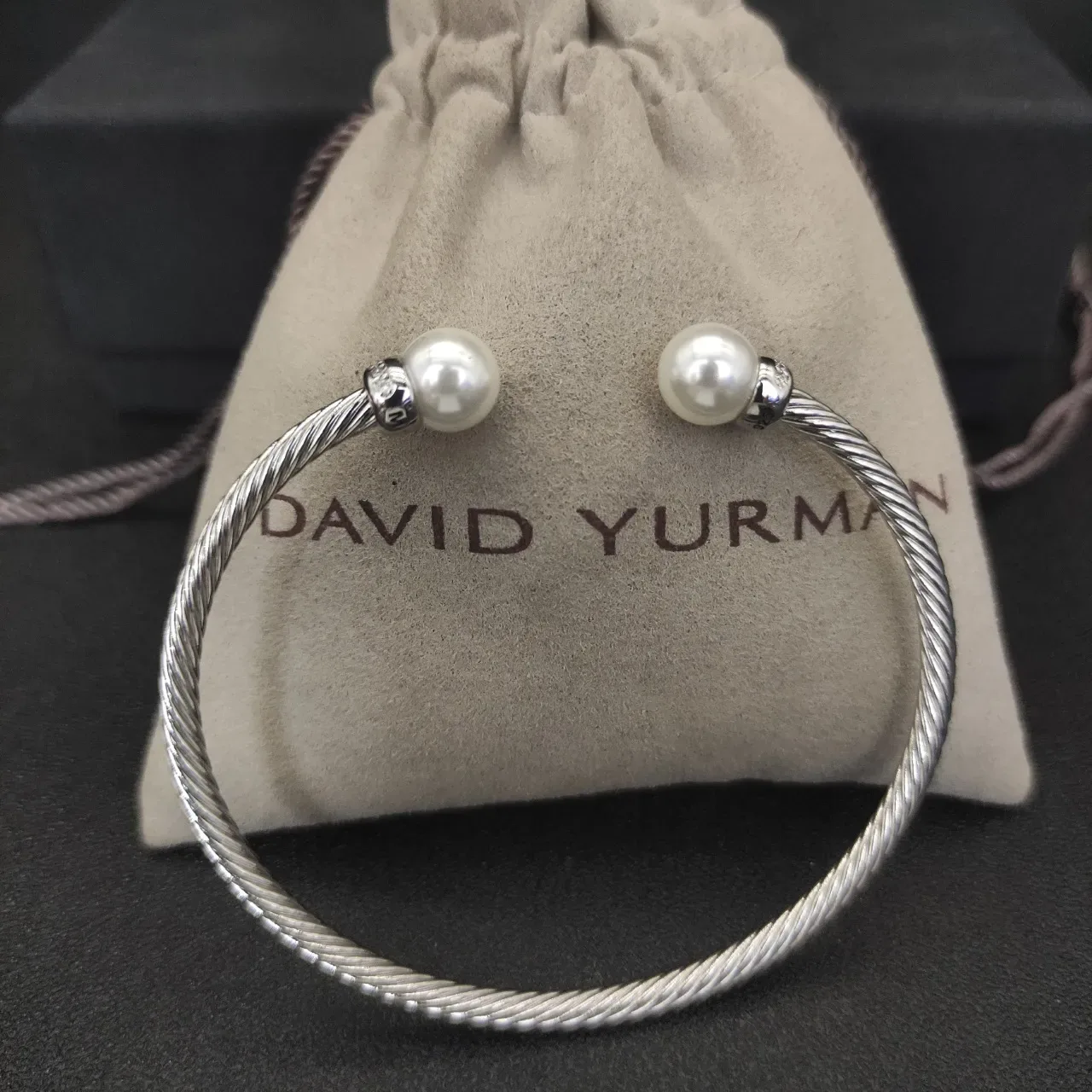 Silver Black Twisted Cable Spherical End Caps Bracelet 3