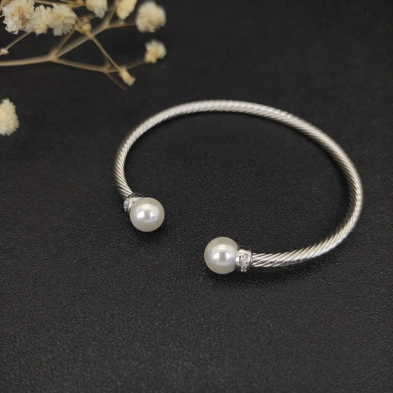 Silver Black Twisted Cable Spherical End Caps Bracelet 9