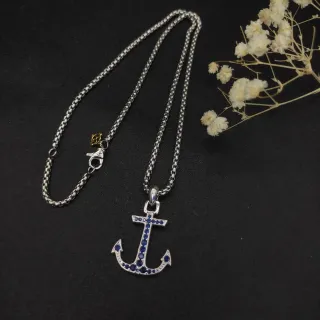 Collier Argenté Bleu Ancre Pendentif Pierres Pavé
