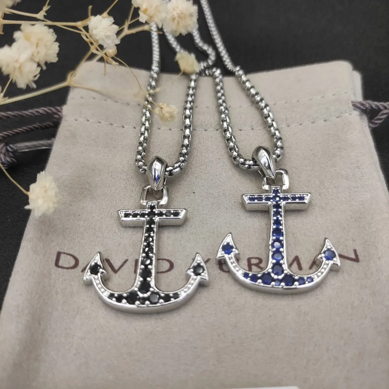 Silver Blue Anchor-Shaped Pendant Pavé-Set Stones Necklace 5