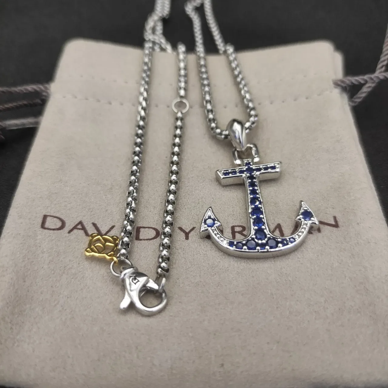 Silver Blue Anchor-Shaped Pendant Pavé-Set Stones Necklace 6