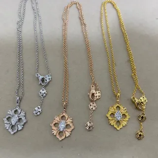 Silver Gold Floral Quatrefoil Pendant Pavé-Set Stones Necklace
