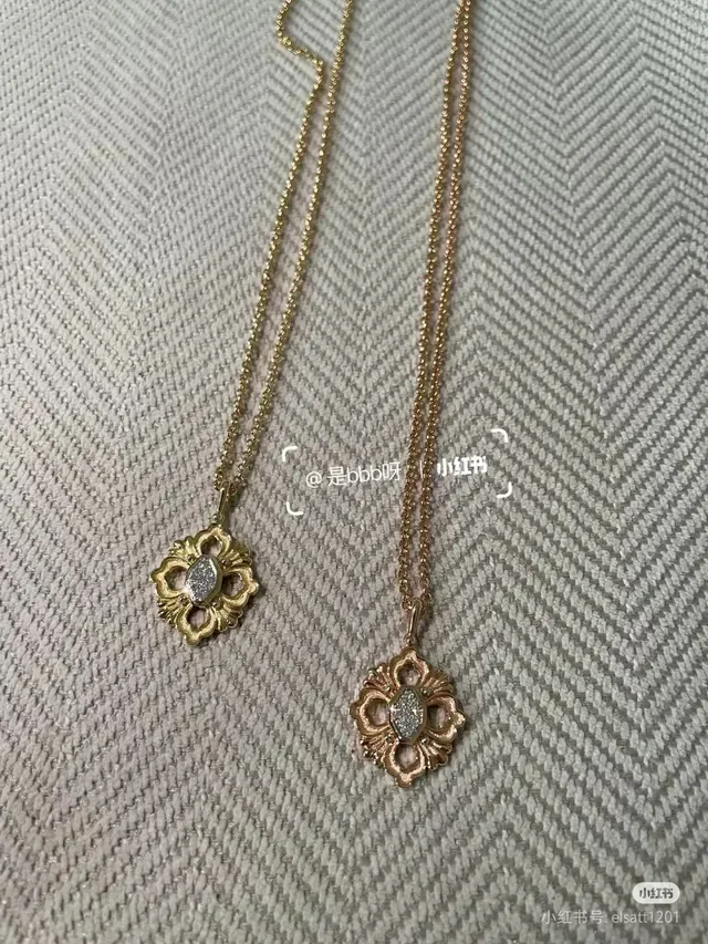 Silver Gold Floral Quatrefoil Pendant Pavé-Set Stones Necklace 2
