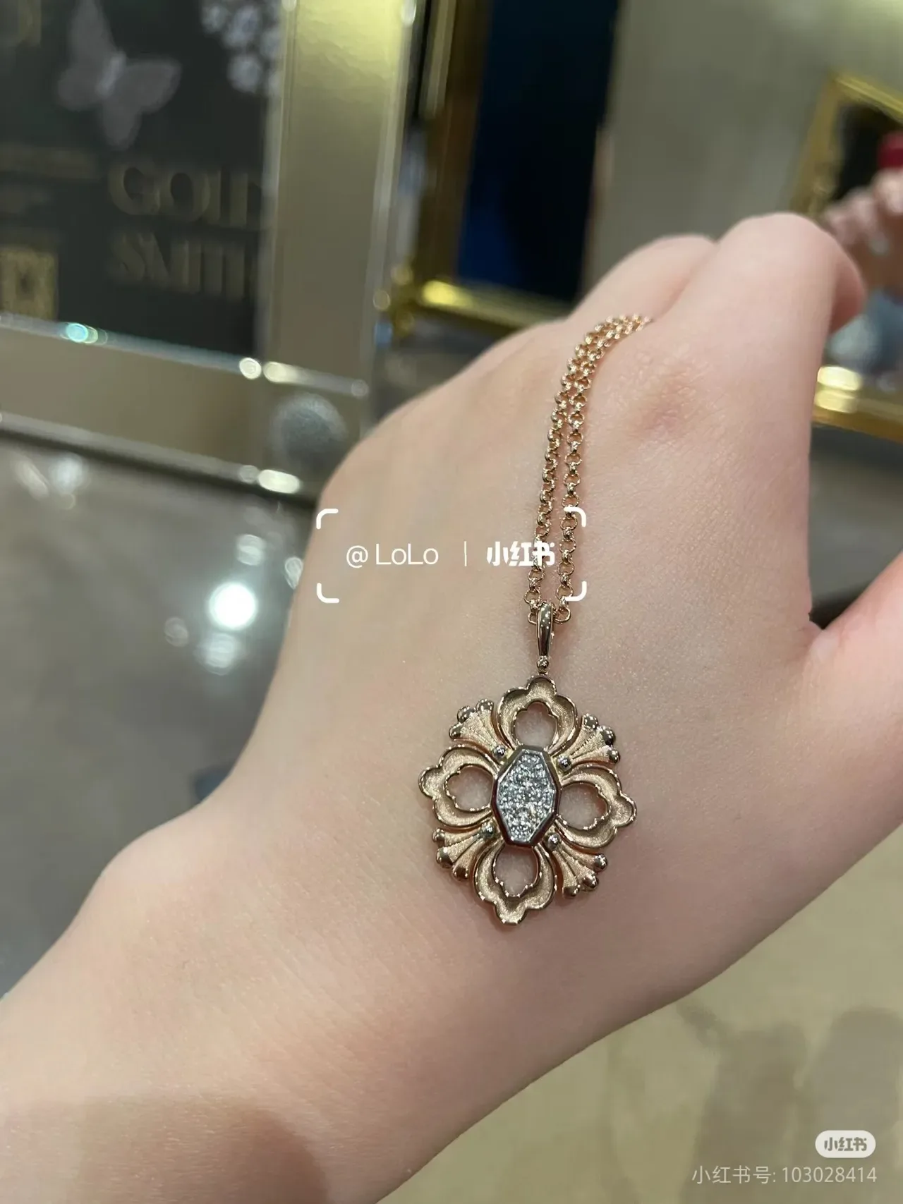 Silver Gold Floral Quatrefoil Pendant Pavé-Set Stones Necklace 4
