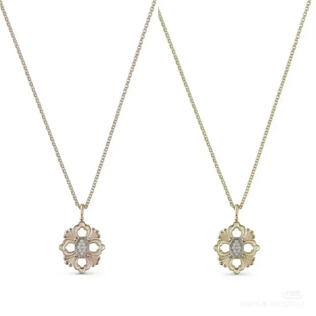 Silver Gold Floral Quatrefoil Pendant Pavé-Set Stones Necklace 5