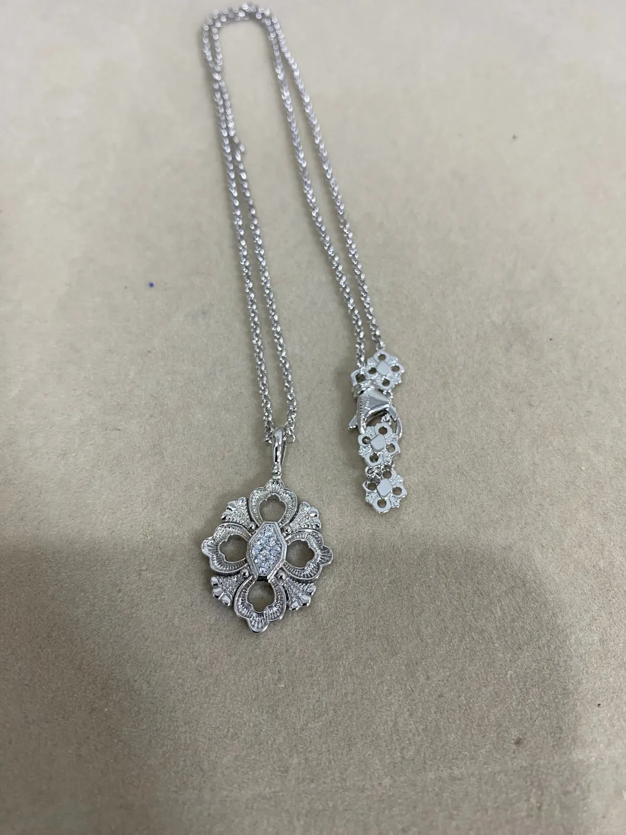Silver Gold Floral Quatrefoil Pendant Pavé-Set Stones Necklace 7
