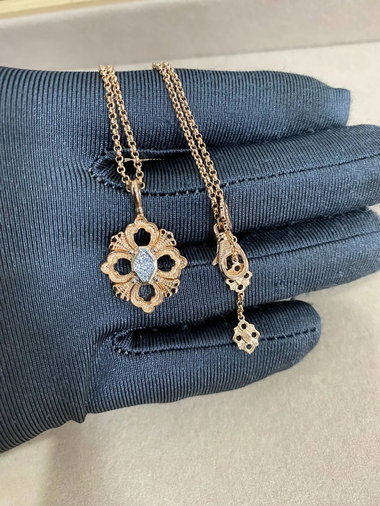 Silver Gold Floral Quatrefoil Pendant Pavé-Set Stones Necklace 8