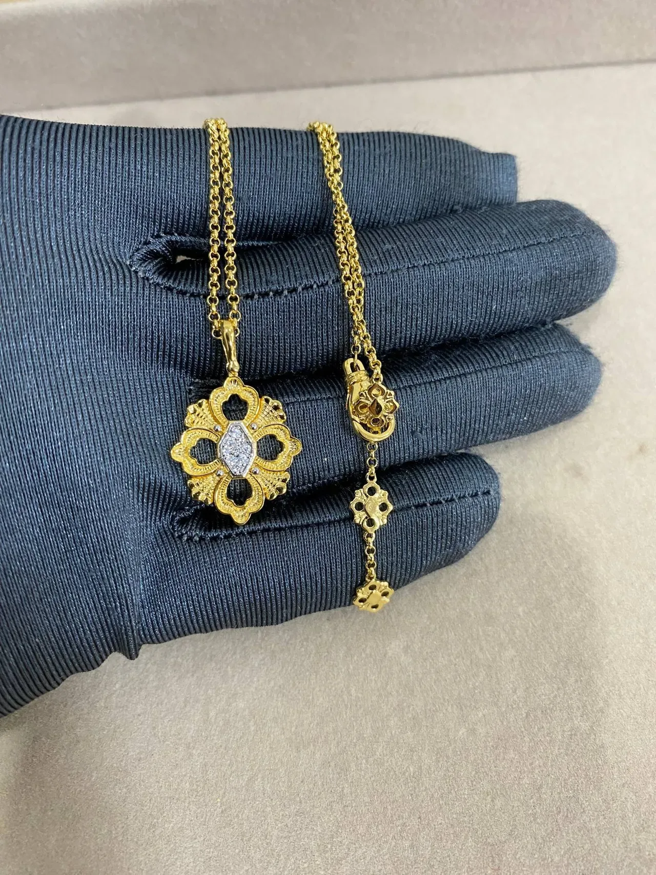 Silver Gold Floral Quatrefoil Pendant Pavé-Set Stones Necklace 9