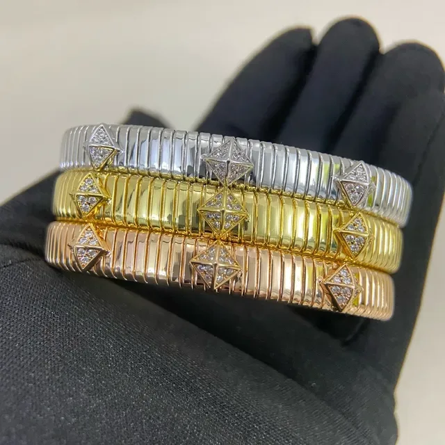 Silver Gold Ribbed Tubular Band Pavé-Set Pyramid Studs Bracelet 2