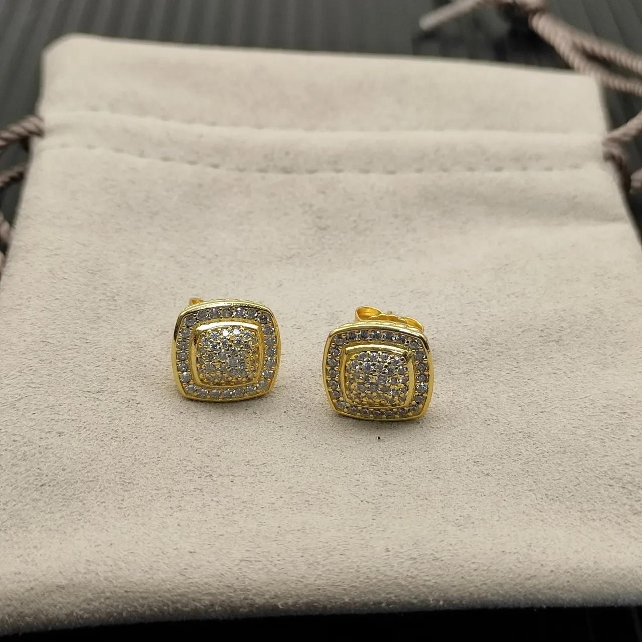 Silver Gold Square Face Pave-Set Stones Earrings 4