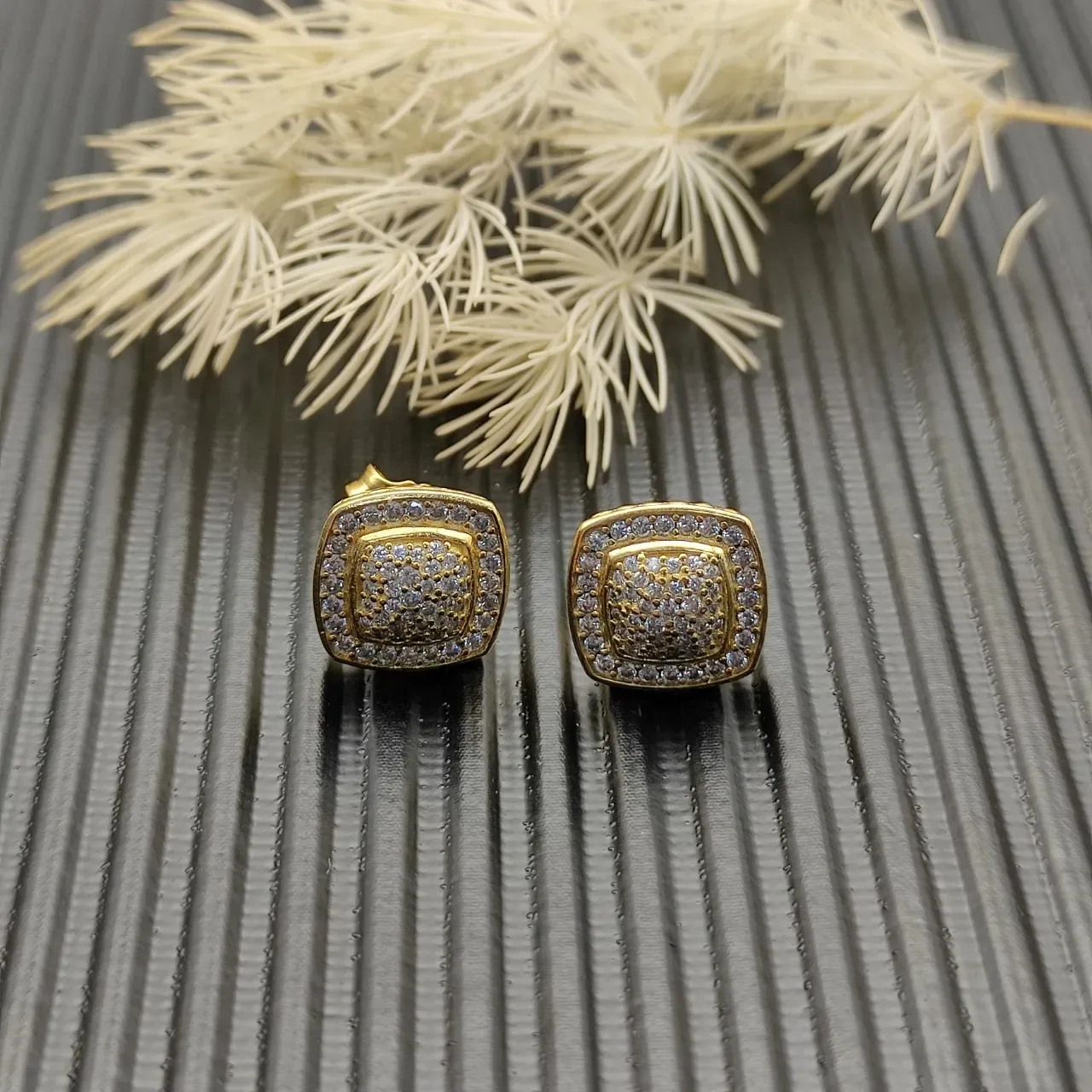 Silver Gold Square Face Pave-Set Stones Earrings 5