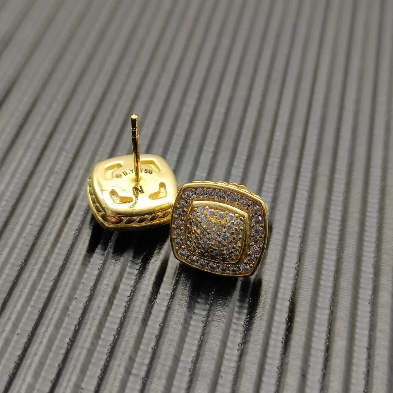 Silver Gold Square Face Pave-Set Stones Earrings 7