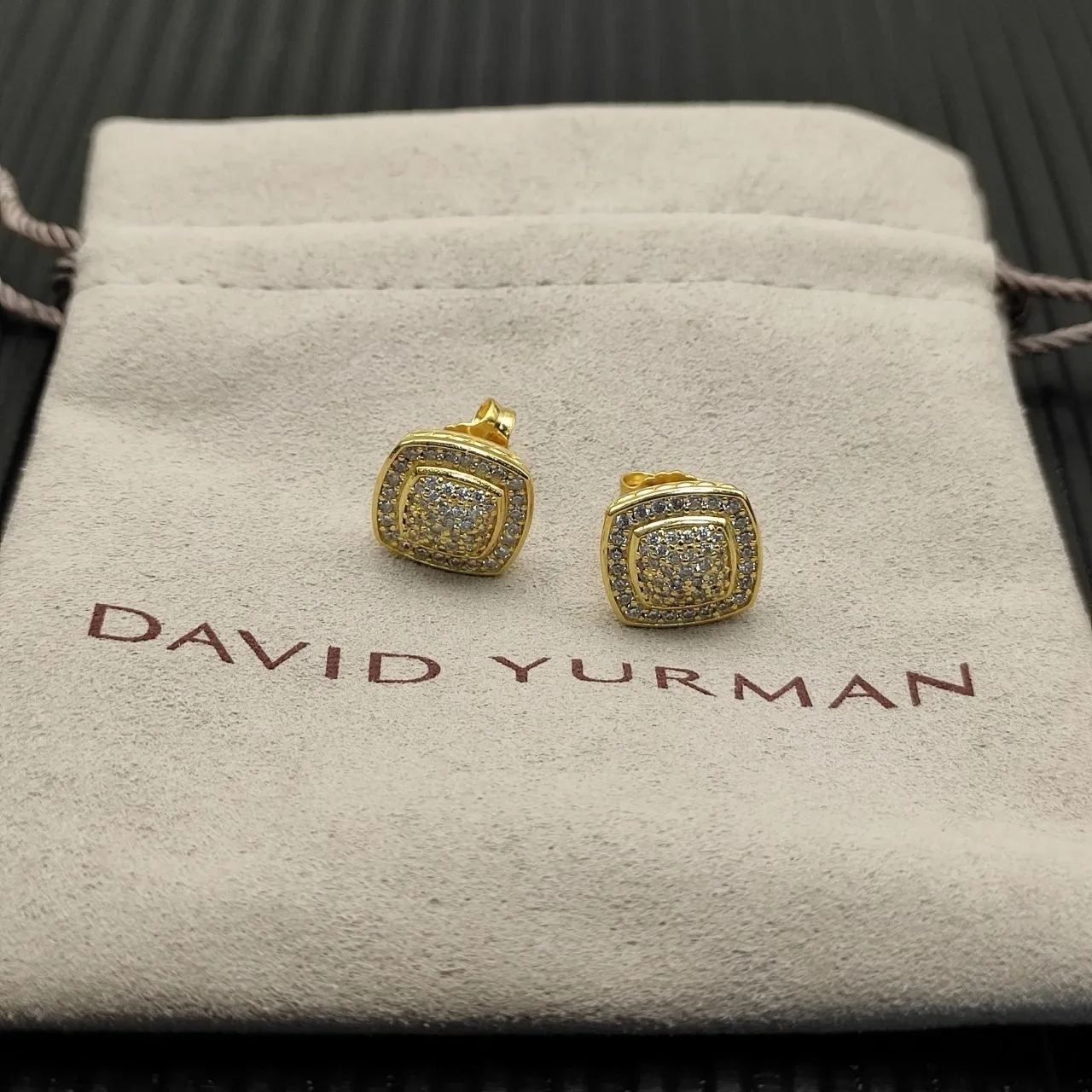 Silver Gold Square Face Pave-Set Stones Earrings 9