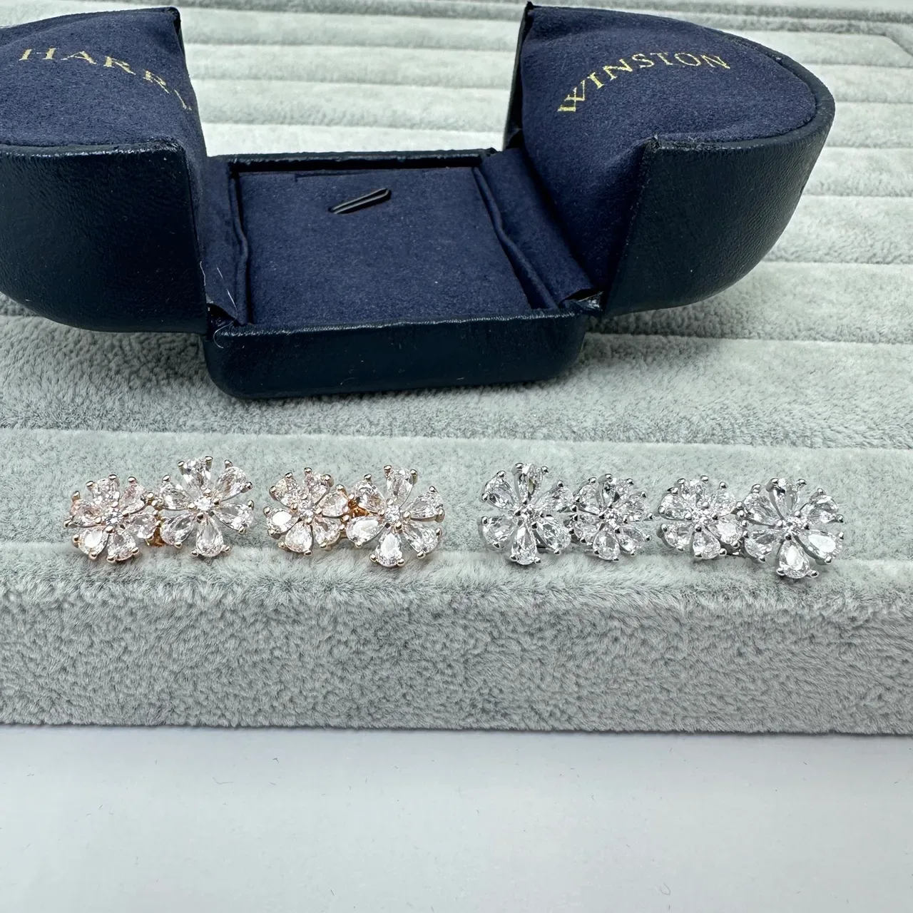 Silver Pink Flower-Shaped Multi-Stone Earrings 2