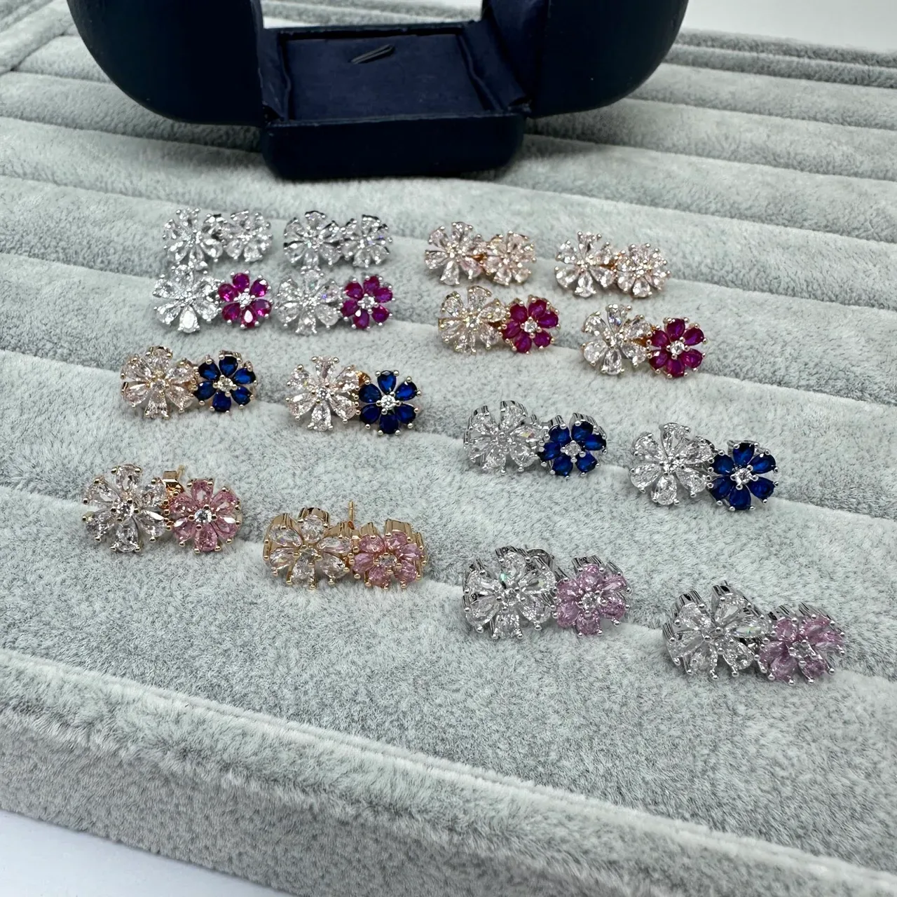 Silver Pink Flower-Shaped Multi-Stone Earrings 3